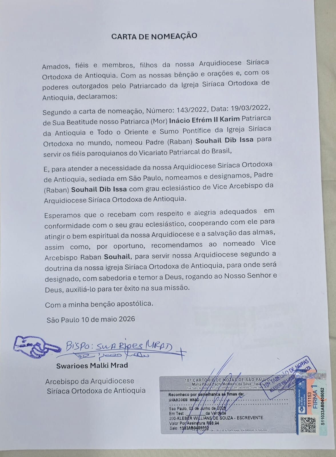 Carta de Nomeação — Vice Arcebispo Raban Souhail Dib Issa